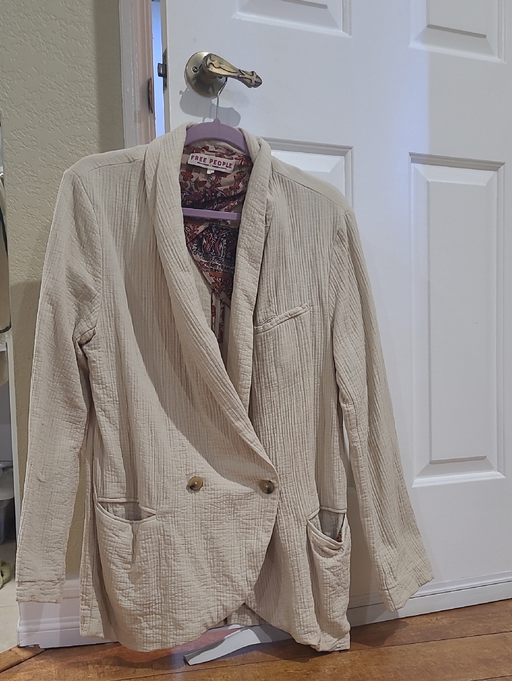 Free People Cream Textured Double-Breasted Shawl Collar Blazer